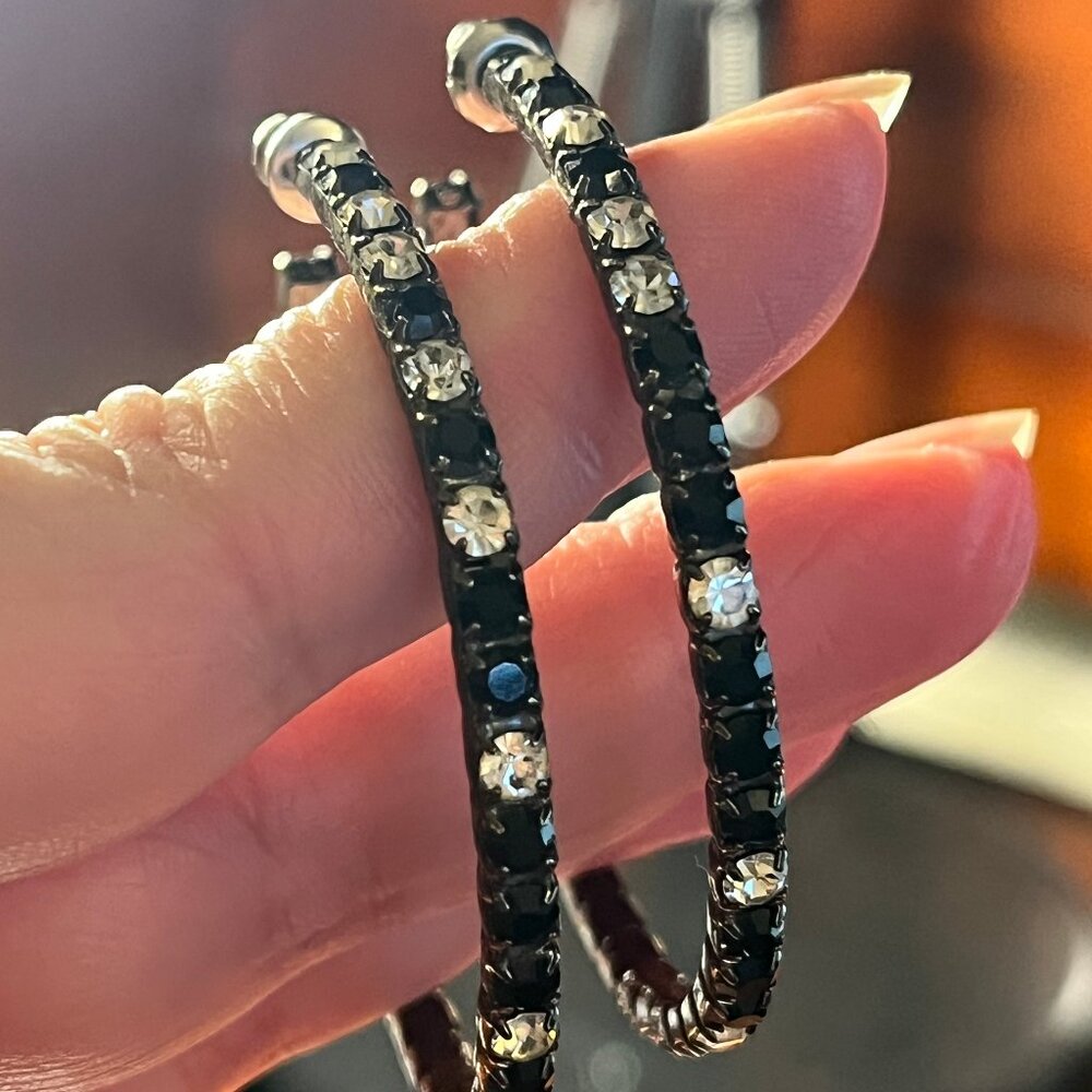 Black Rhinestone Hoop Earrings - 2 inches wide